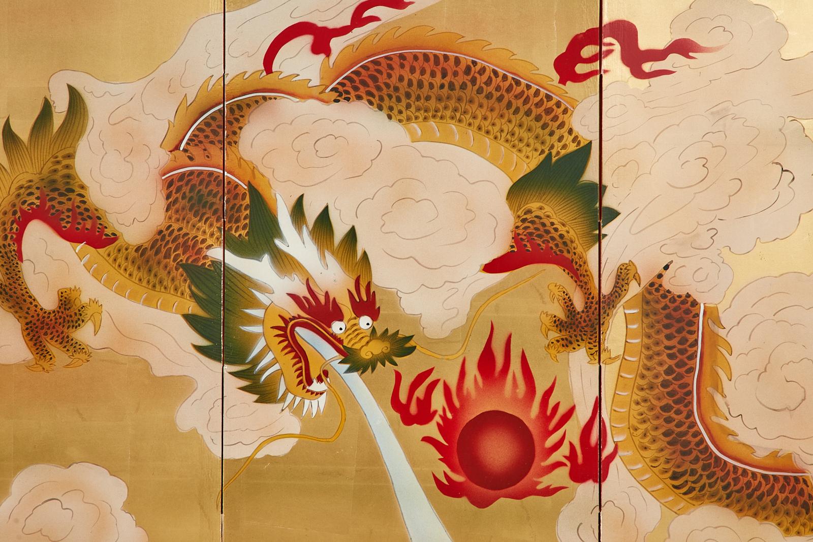 20th Century Japanese Four Panel Byobu Screen Dragon Chasing Flaming Sun