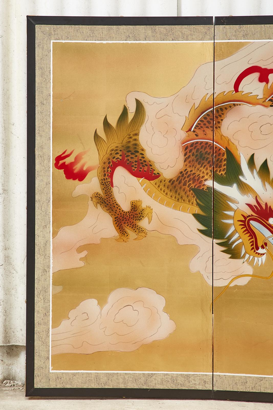 Silk Japanese Four Panel Byobu Screen Dragon Chasing Flaming Sun