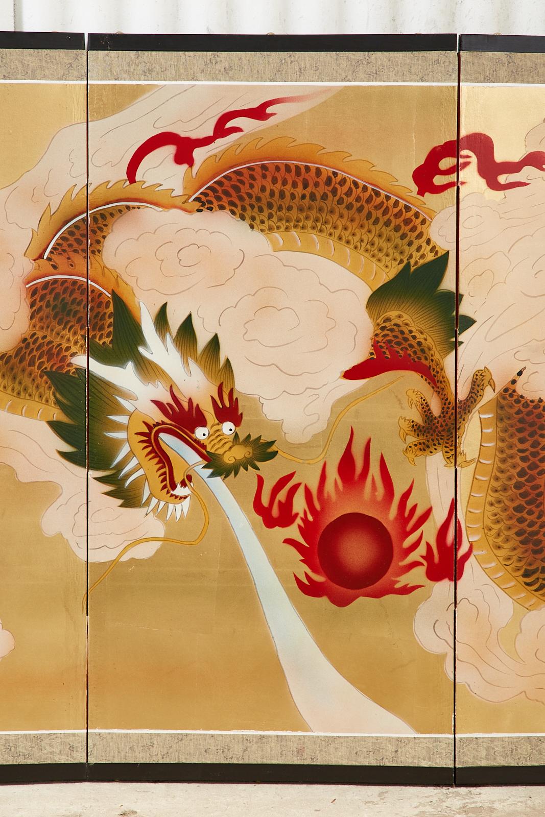 Japanese Four Panel Byobu Screen Dragon Chasing Flaming Sun 1