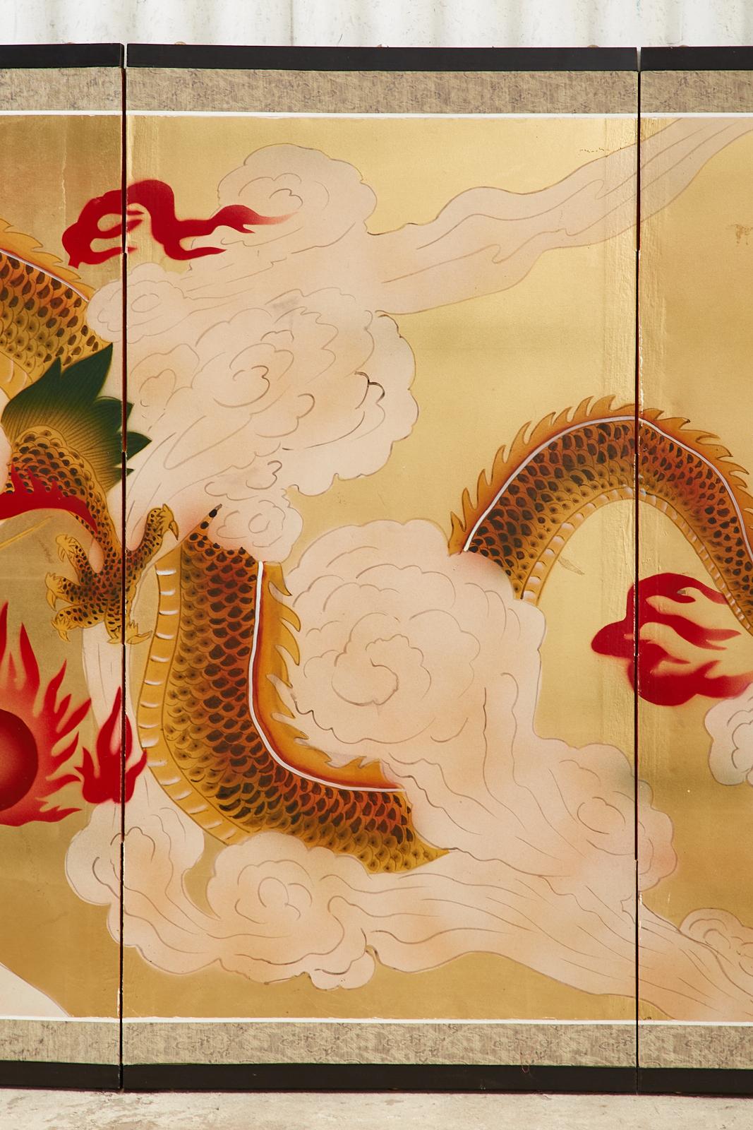 Japanese Four Panel Byobu Screen Dragon Chasing Flaming Sun 2