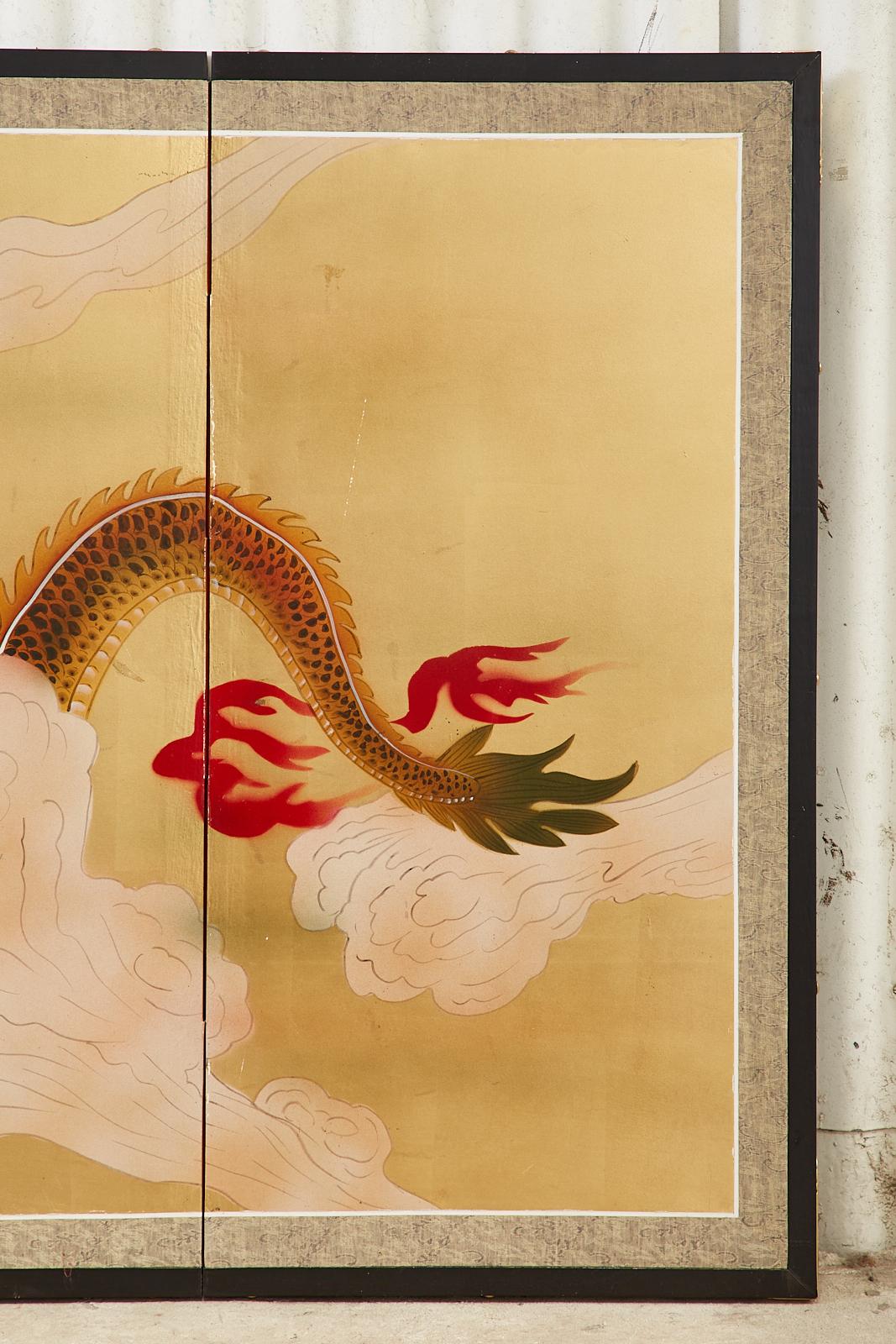 Japanese Four Panel Byobu Screen Dragon Chasing Flaming Sun 3