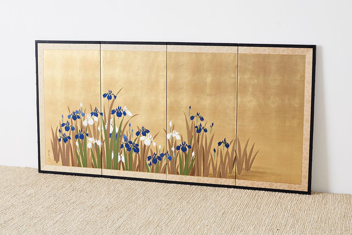 Japanese Four-Panel Byobu Screen Irises on Gilt 3