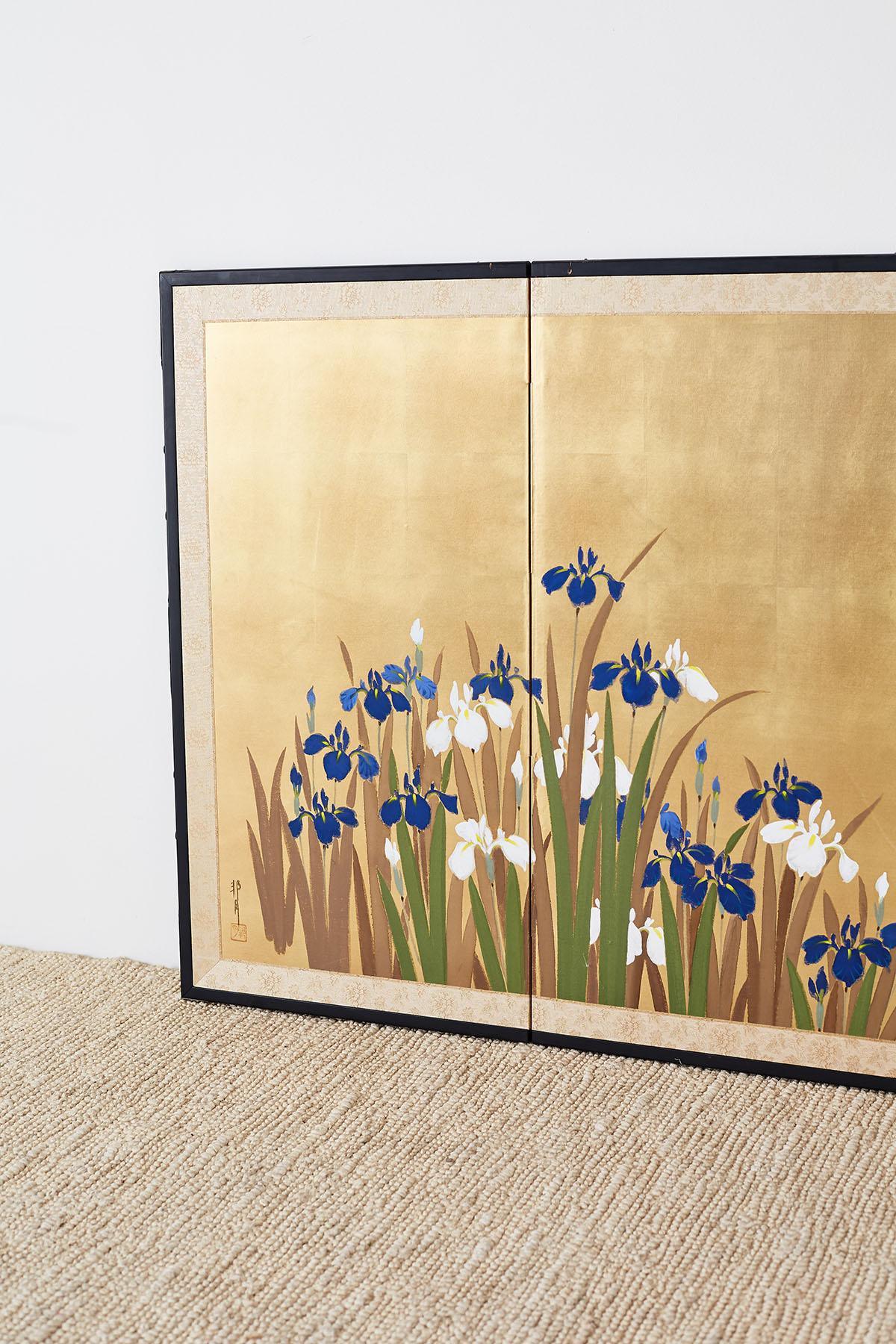 Japanese Four-Panel Byobu Screen Irises on Gilt 4