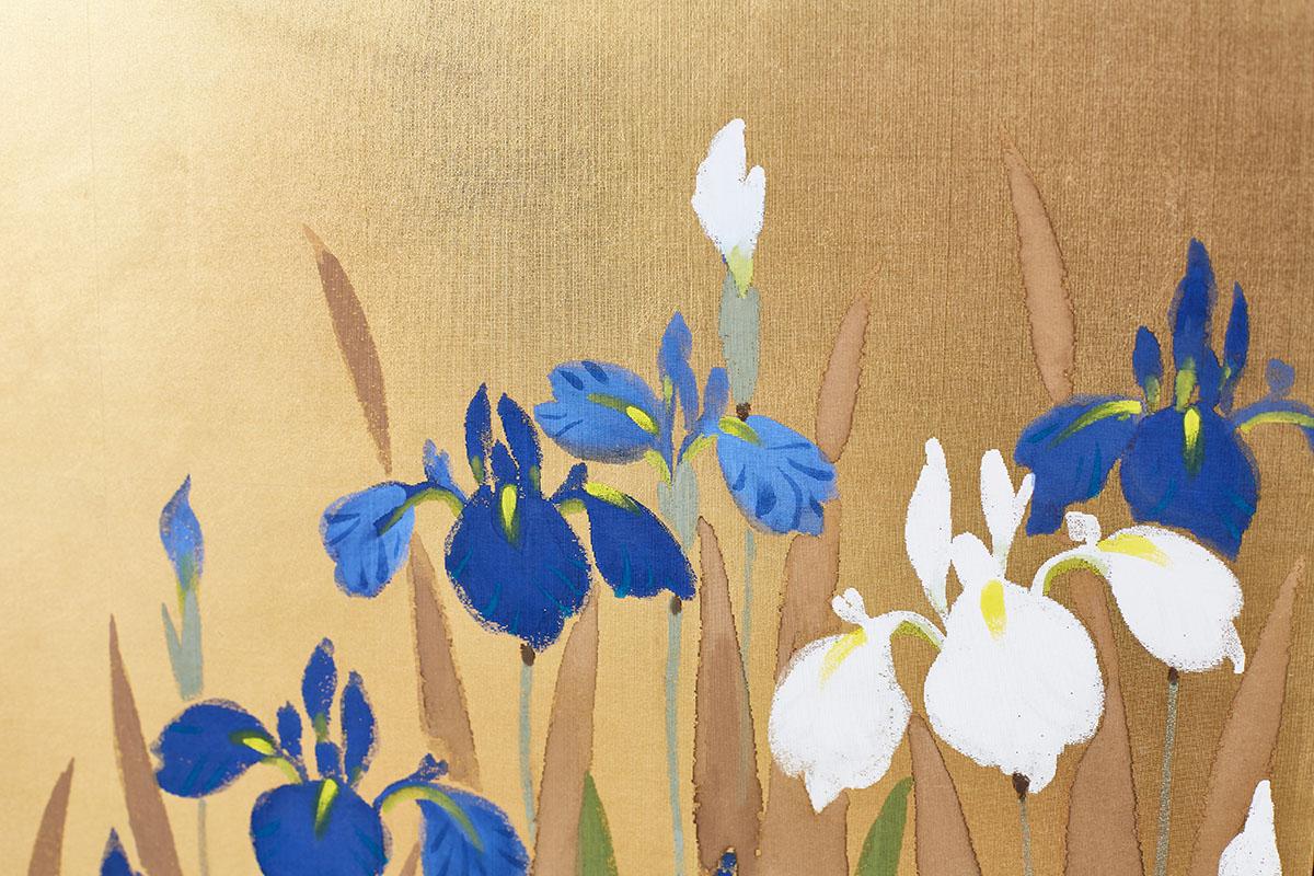 Japanese Four-Panel Byobu Screen Irises on Gilt 8