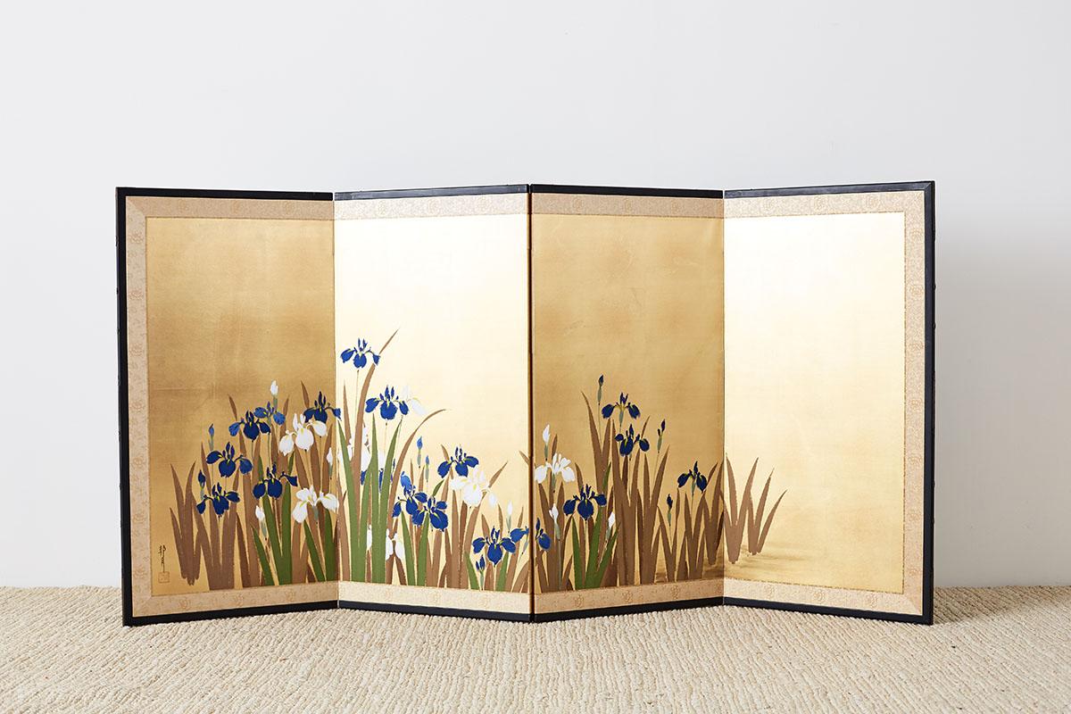 Japanese Four-Panel Byobu Screen Irises on Gilt 10