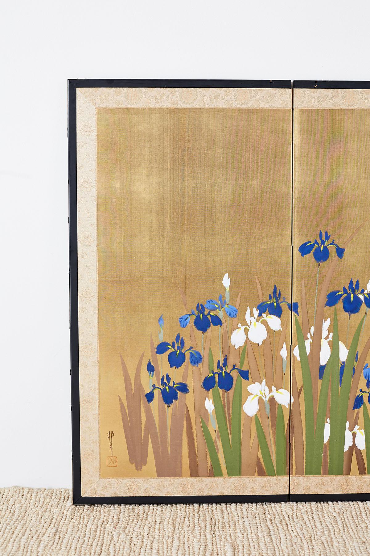 Mid-Century Modern Japanese Four-Panel Byobu Screen Irises on Gilt
