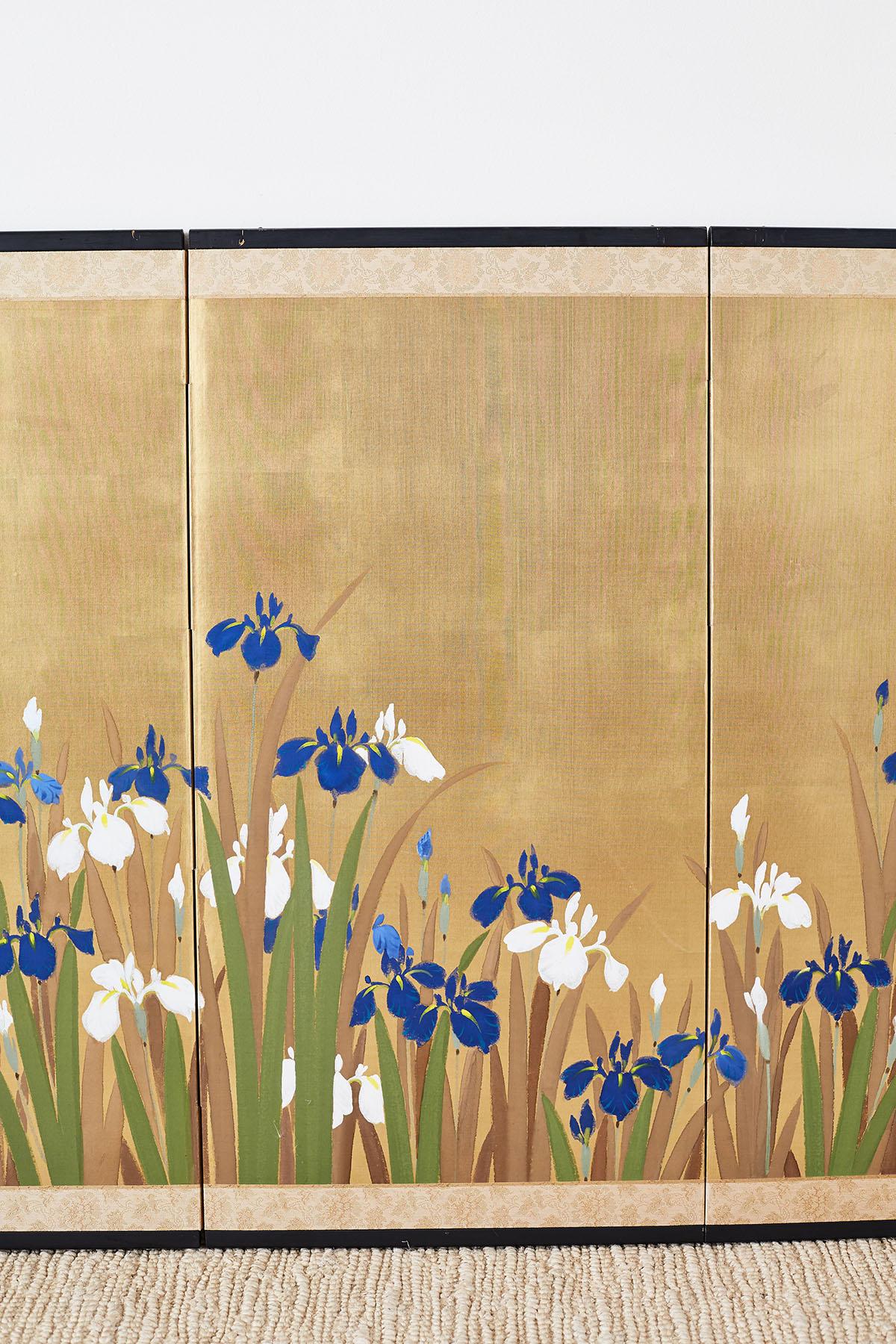 Ebonized Japanese Four-Panel Byobu Screen Irises on Gilt