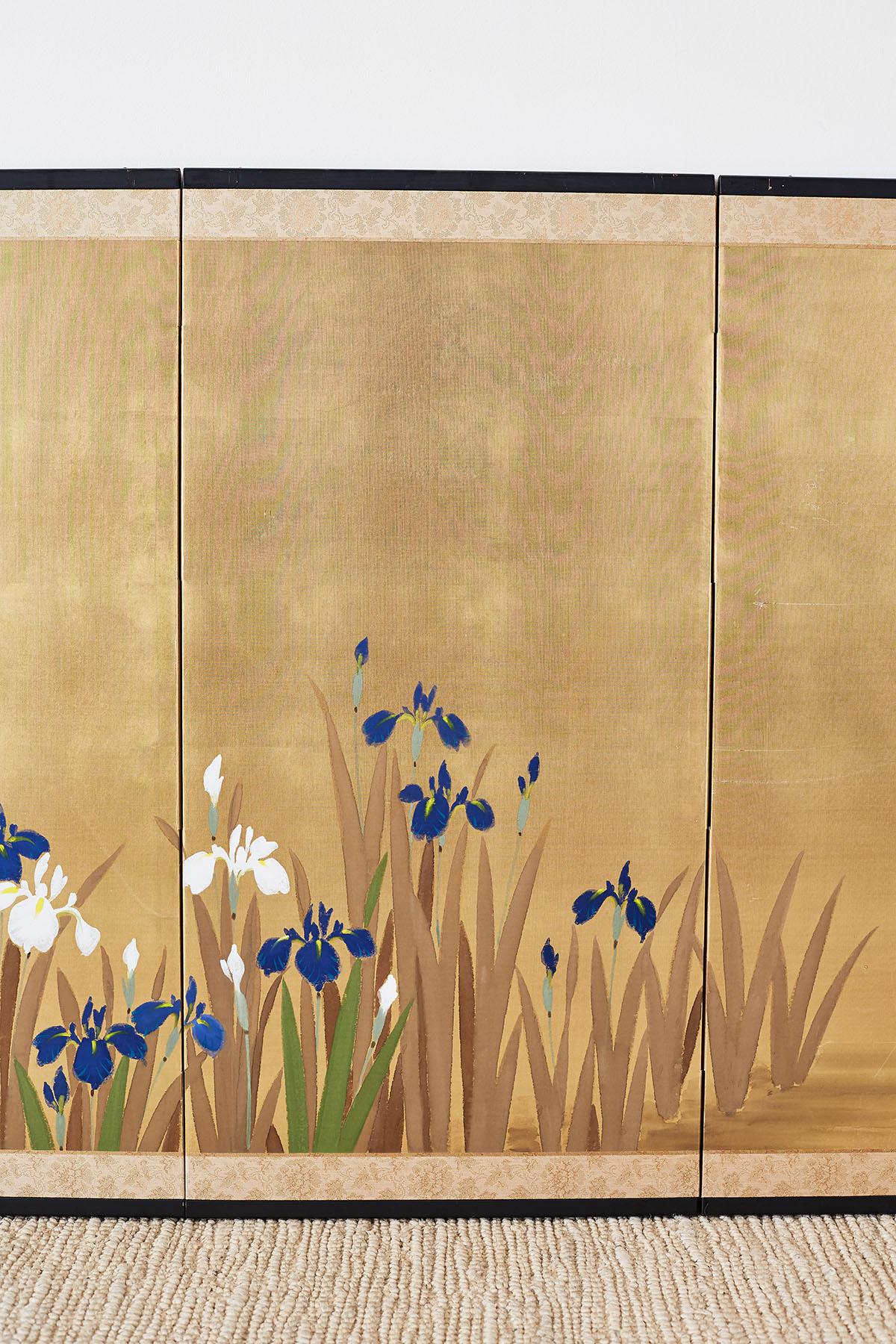 Japanese Four-Panel Byobu Screen Irises on Gilt In Good Condition In Rio Vista, CA