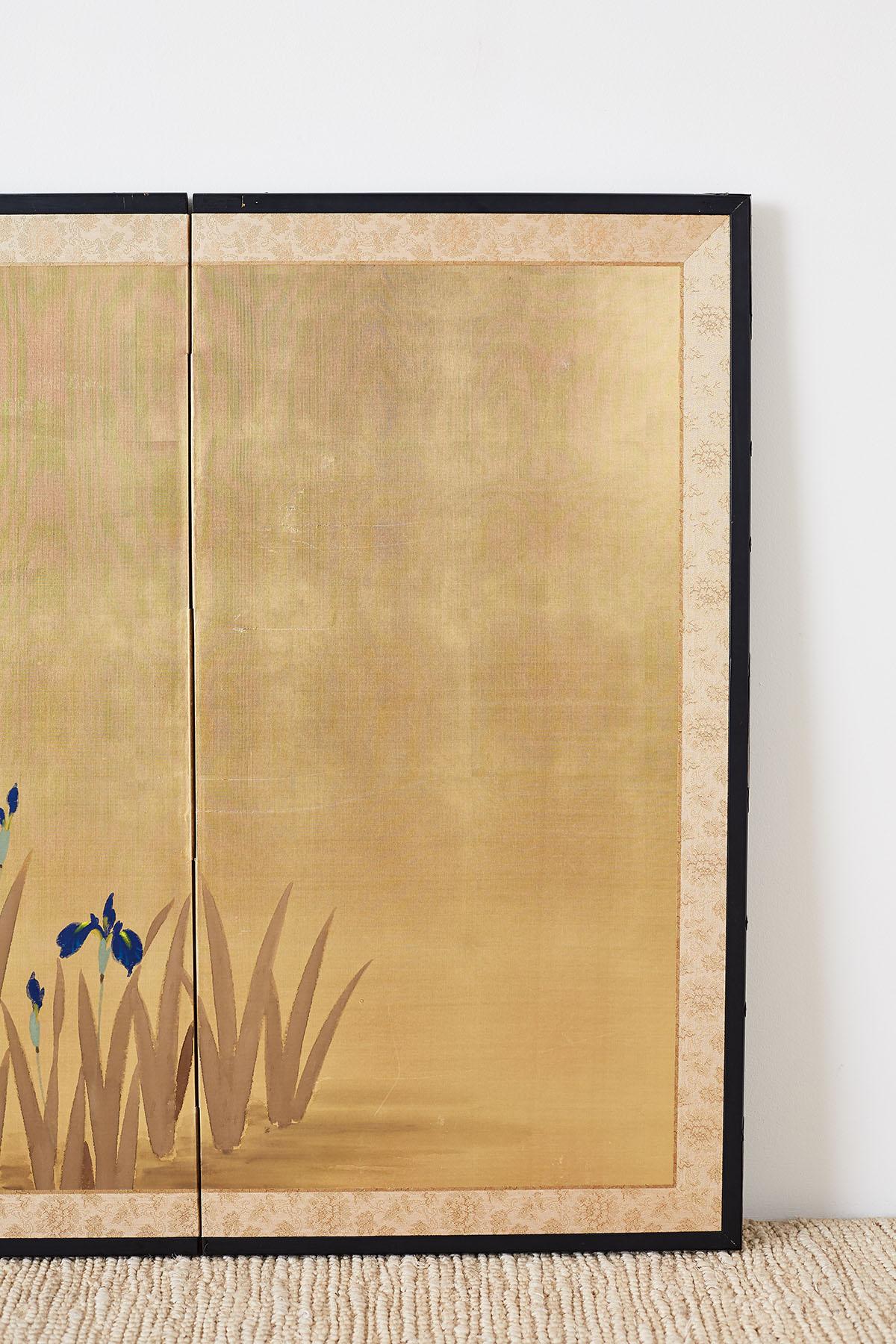 20th Century Japanese Four-Panel Byobu Screen Irises on Gilt