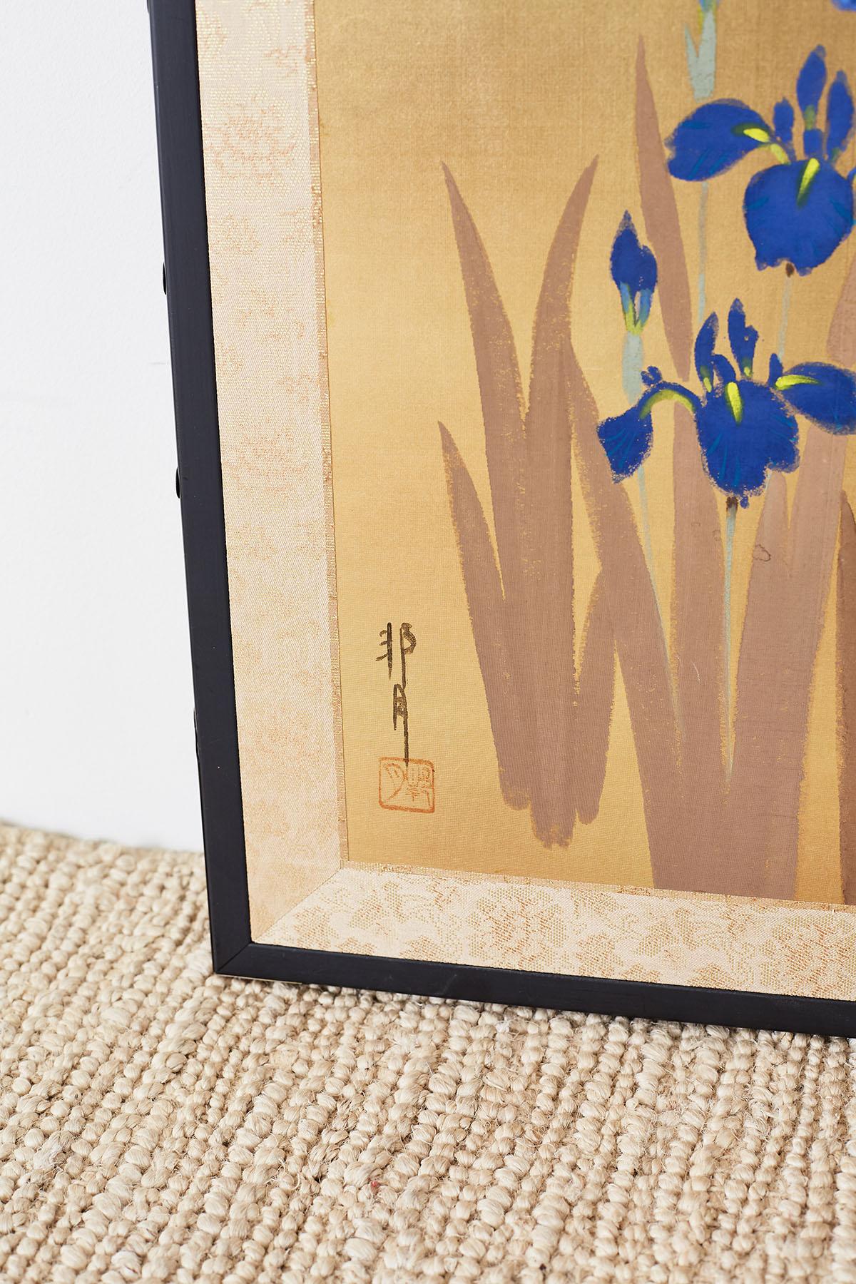 Wood Japanese Four-Panel Byobu Screen Irises on Gilt