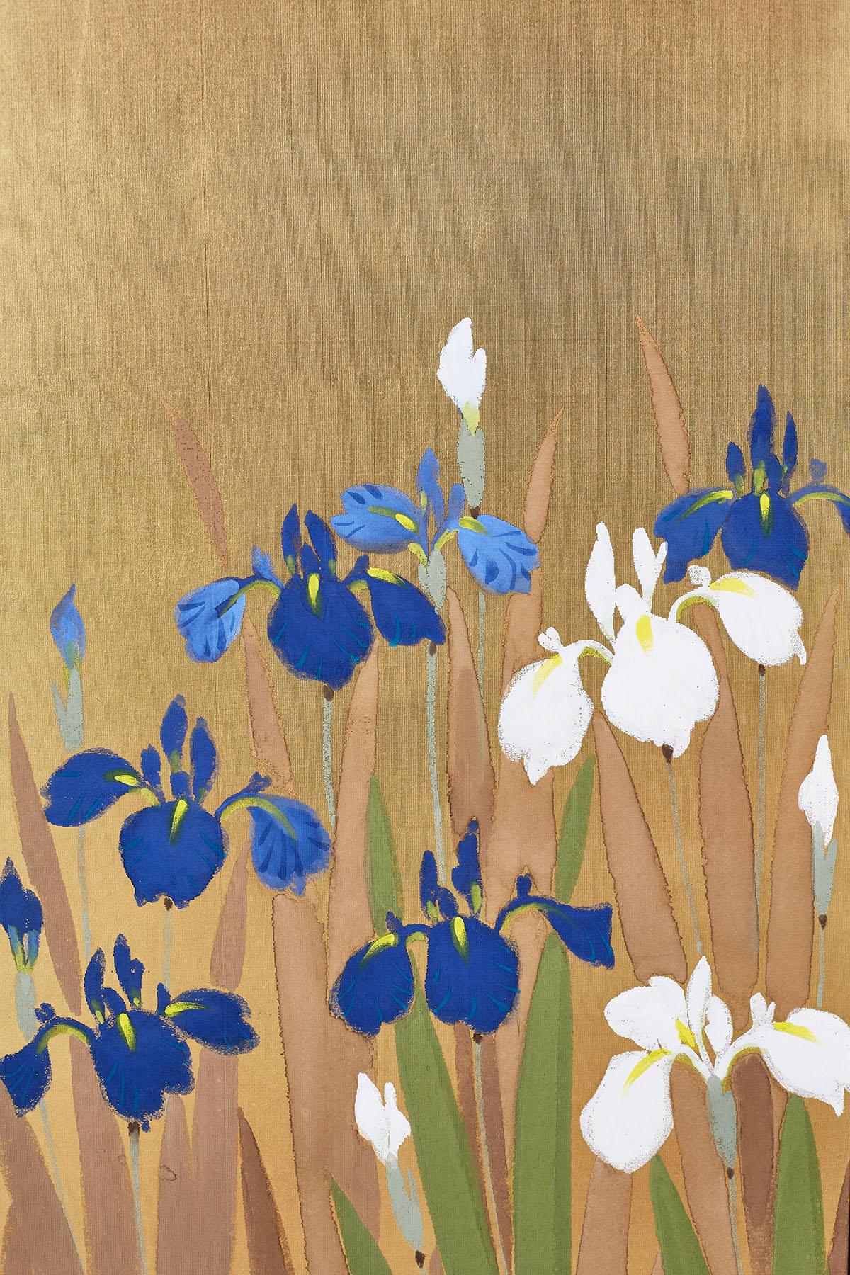 Japanese Four-Panel Byobu Screen Irises on Gilt 1