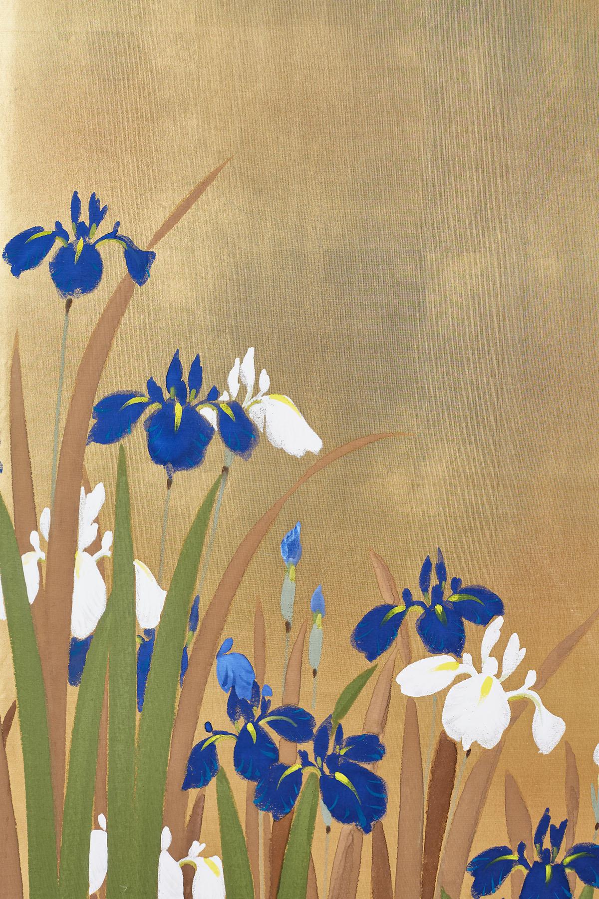 Japanese Four-Panel Byobu Screen Irises on Gilt 2