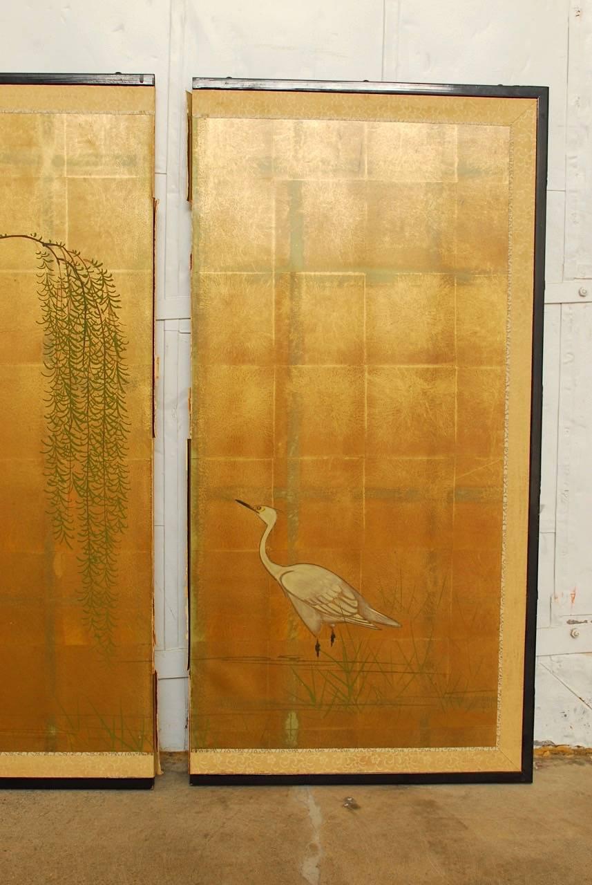 Japanese Four-Panel Byobu Screen of Cranes and Willow on Gold Leaf 6