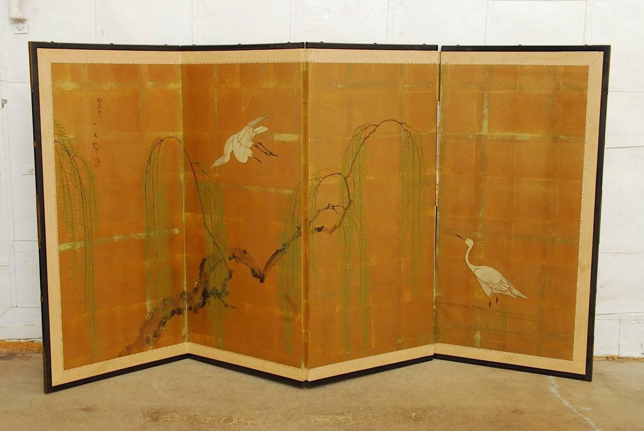 Japanese Four-Panel Byobu Screen of Cranes and Willow on Gold Leaf 8