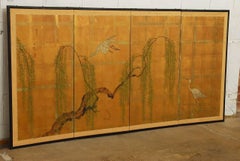 Japanese Four-Panel Byobu Screen of Cranes and Willow on Gold Leaf
