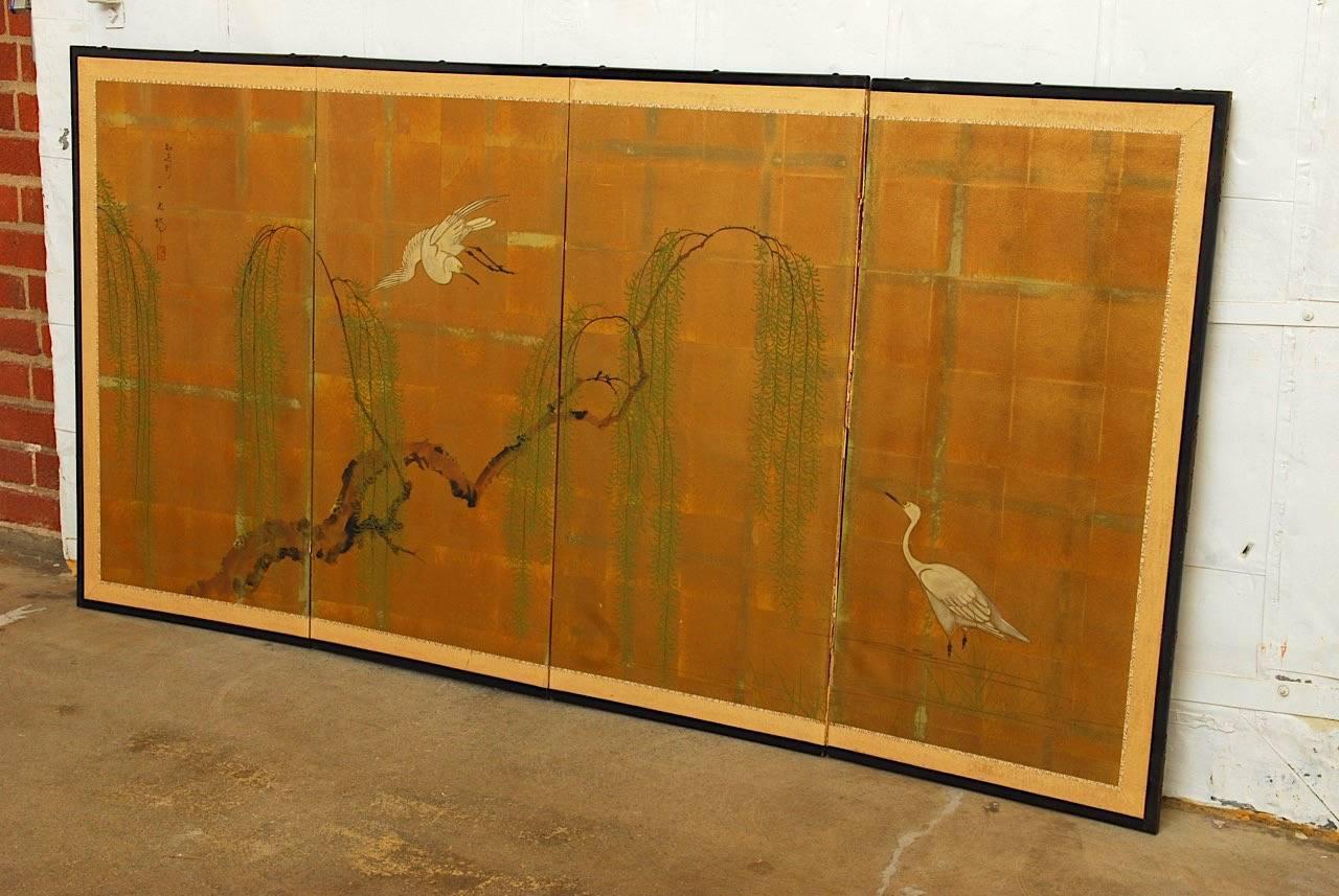 Meiji Japanese Four-Panel Byobu Screen of Cranes and Willow on Gold Leaf