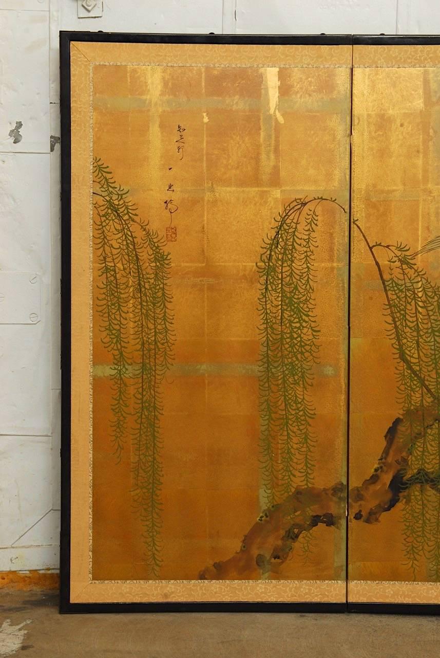 Ebonized Japanese Four-Panel Byobu Screen of Cranes and Willow on Gold Leaf