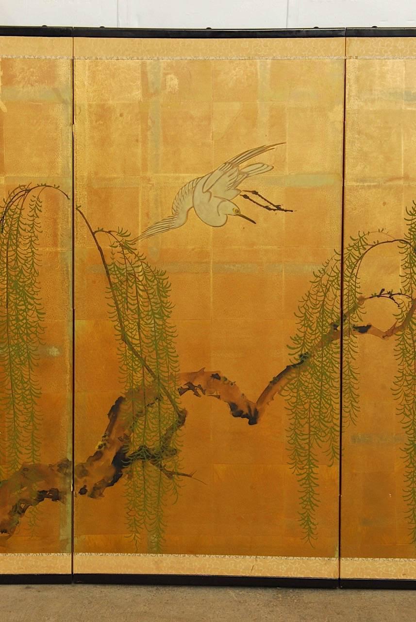Japanese Four-Panel Byobu Screen of Cranes and Willow on Gold Leaf In Fair Condition In Rio Vista, CA