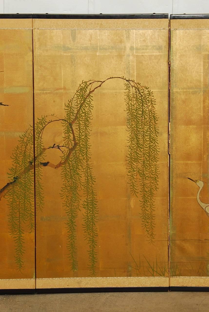20th Century Japanese Four-Panel Byobu Screen of Cranes and Willow on Gold Leaf