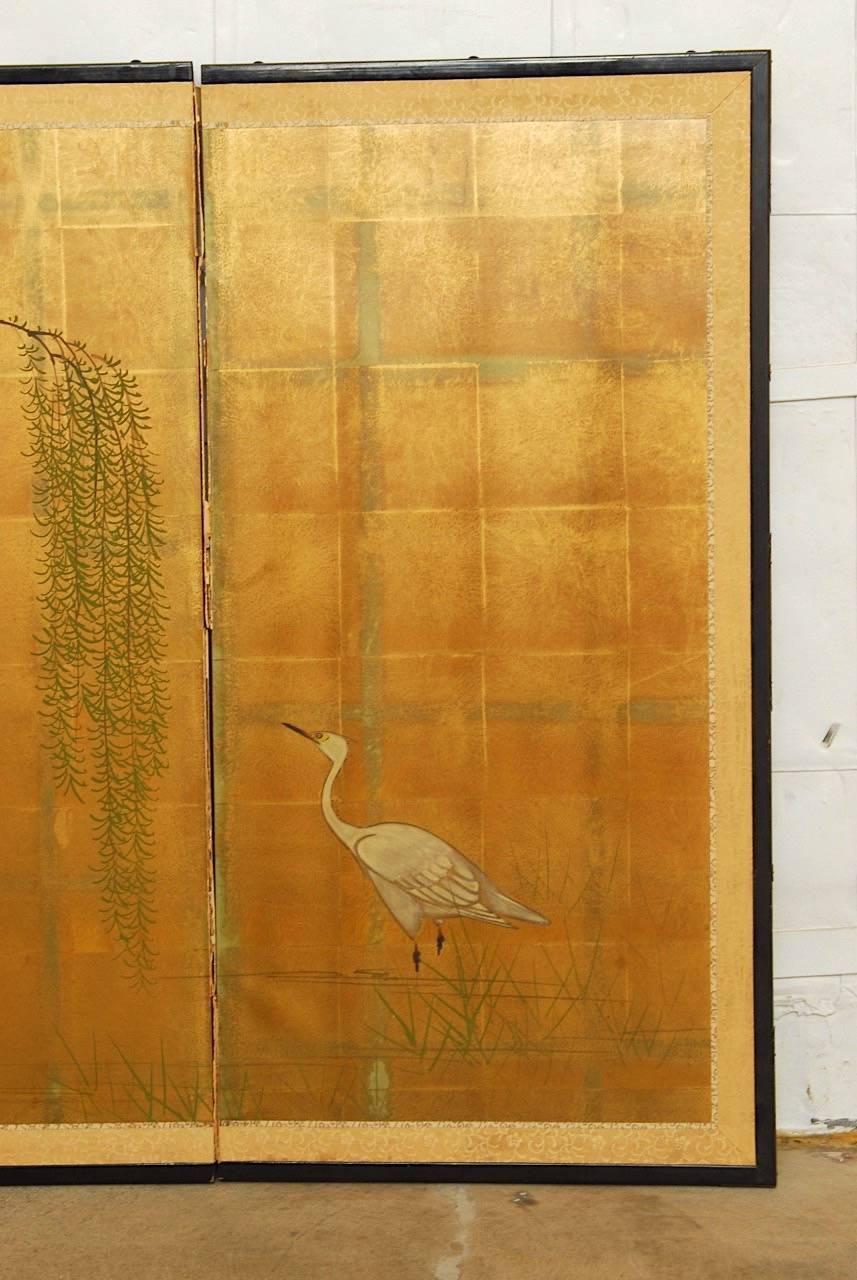 Brass Japanese Four-Panel Byobu Screen of Cranes and Willow on Gold Leaf