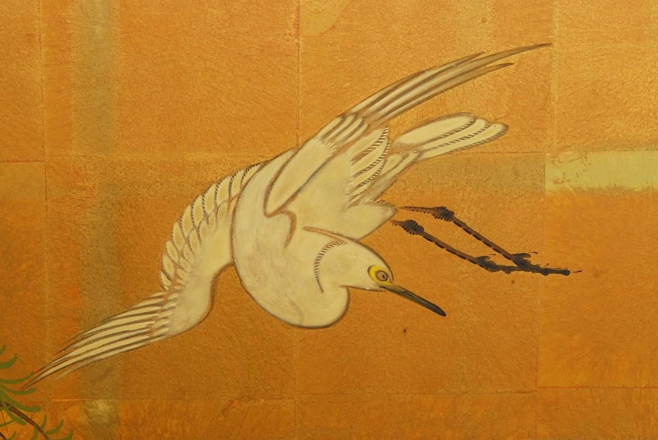 Japanese Four-Panel Byobu Screen of Cranes and Willow on Gold Leaf 2