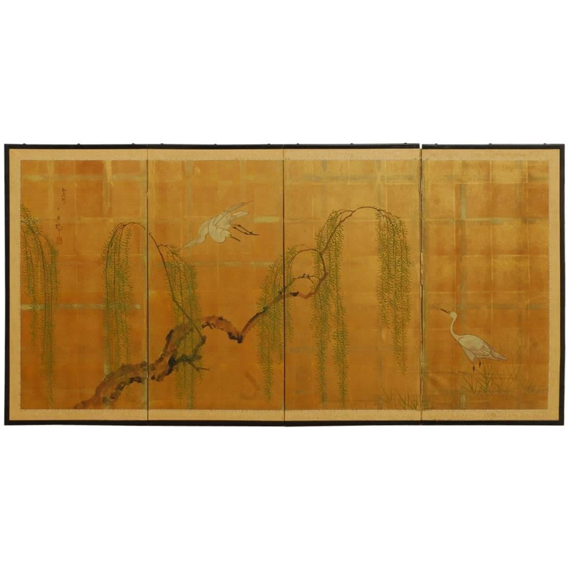 Japanese Four-Panel Byobu Screen of Cranes and Willow on Gold Leaf