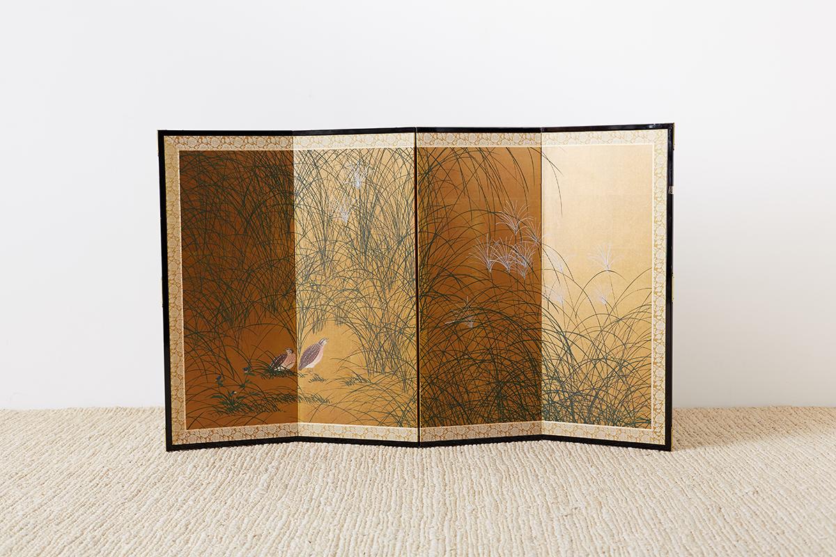 Meiji Japanese Four-Panel Byobu Screen of Quail in Grass
