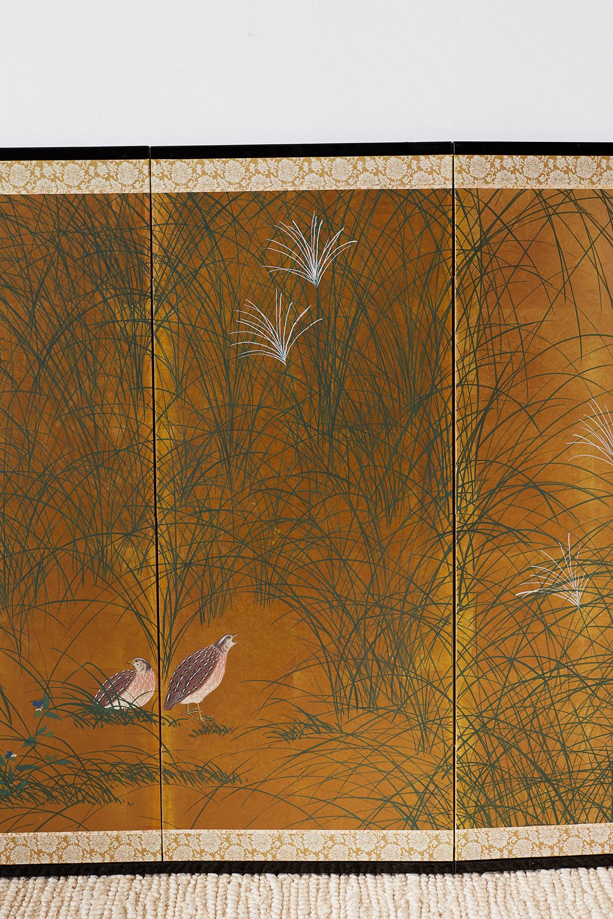 20th Century Japanese Four-Panel Byobu Screen of Quail in Grass