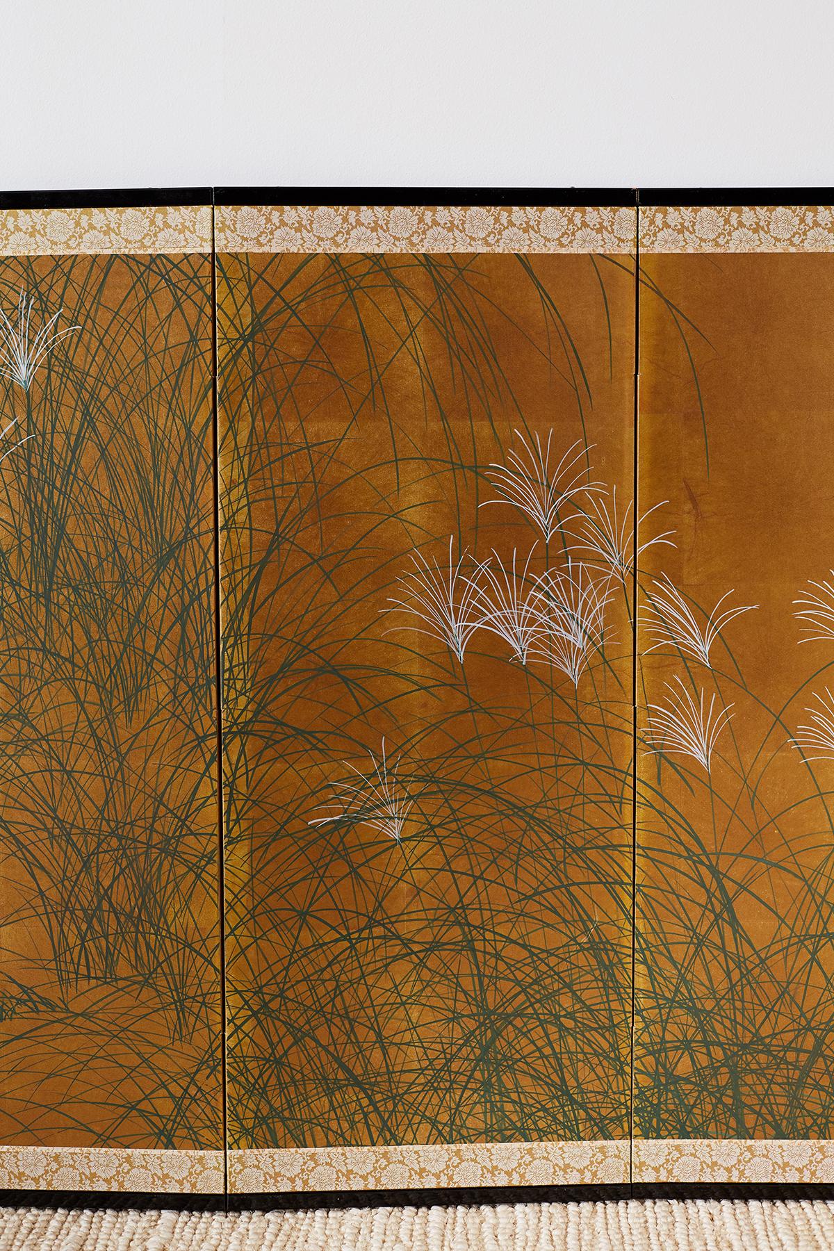 Brass Japanese Four-Panel Byobu Screen of Quail in Grass