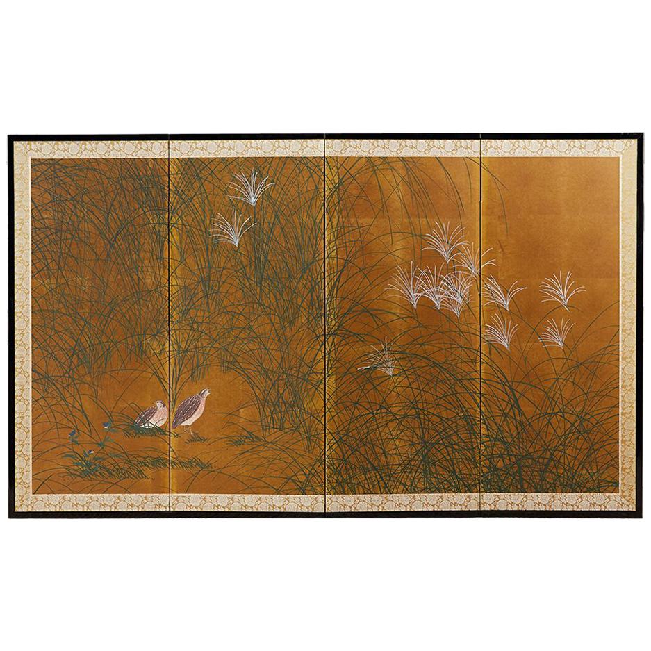 Japanese Four-Panel Byobu Screen of Quail in Grass