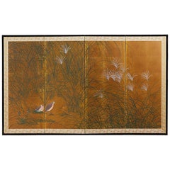 Japanese Four-Panel Byobu Screen of Quail in Grass