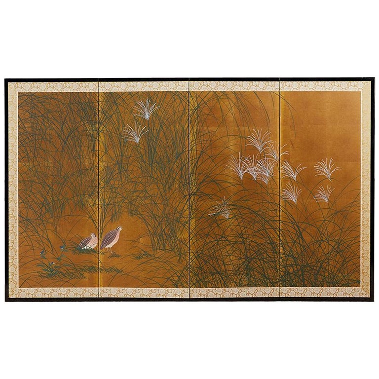 Japanese FourPanel Byobu Screen of Quail in Grass at 1stDibs