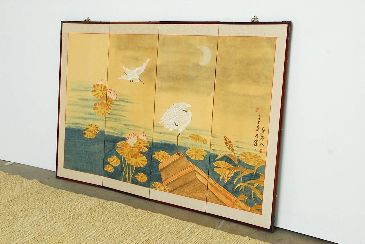 Japanese Four Panel Byobu Screen of White Egrets 4