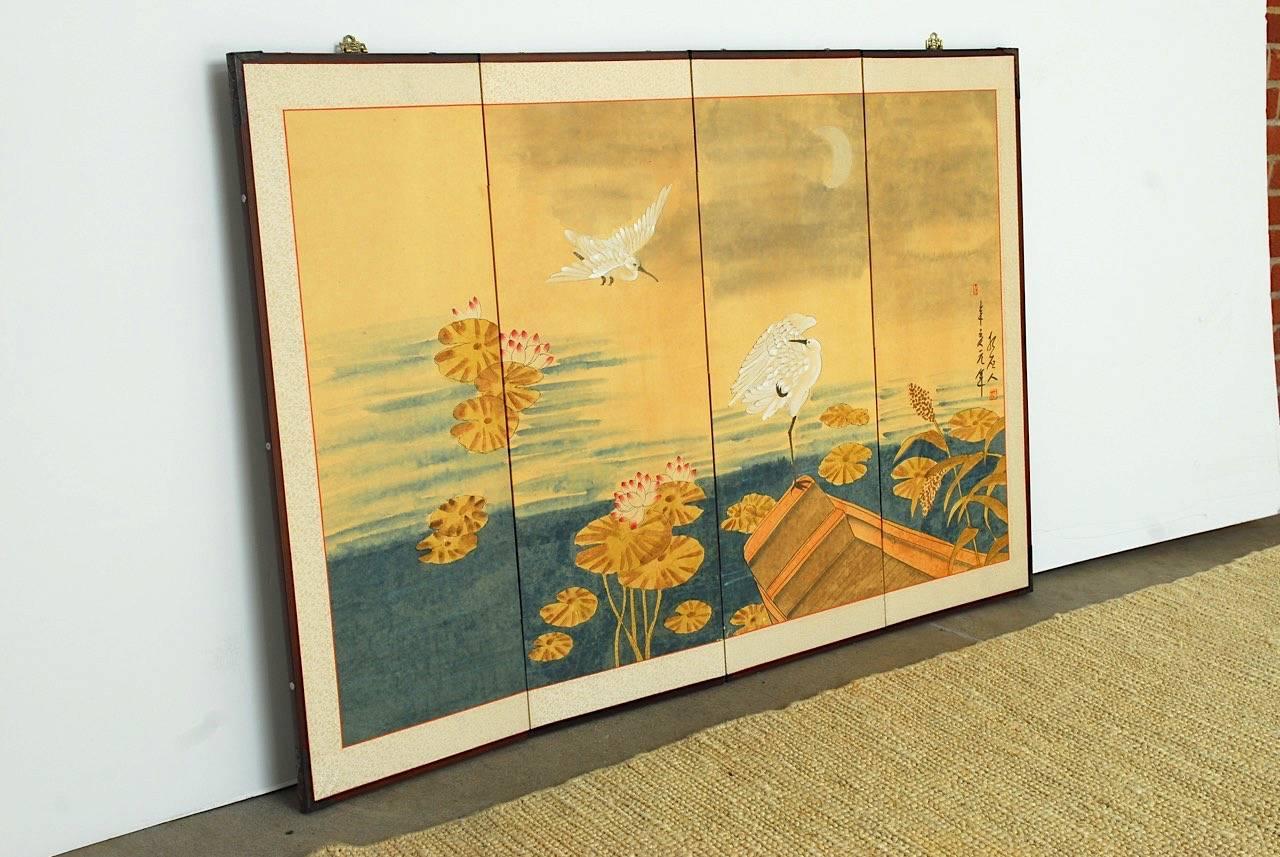 Japanese Four Panel Byobu Screen of White Egrets 5