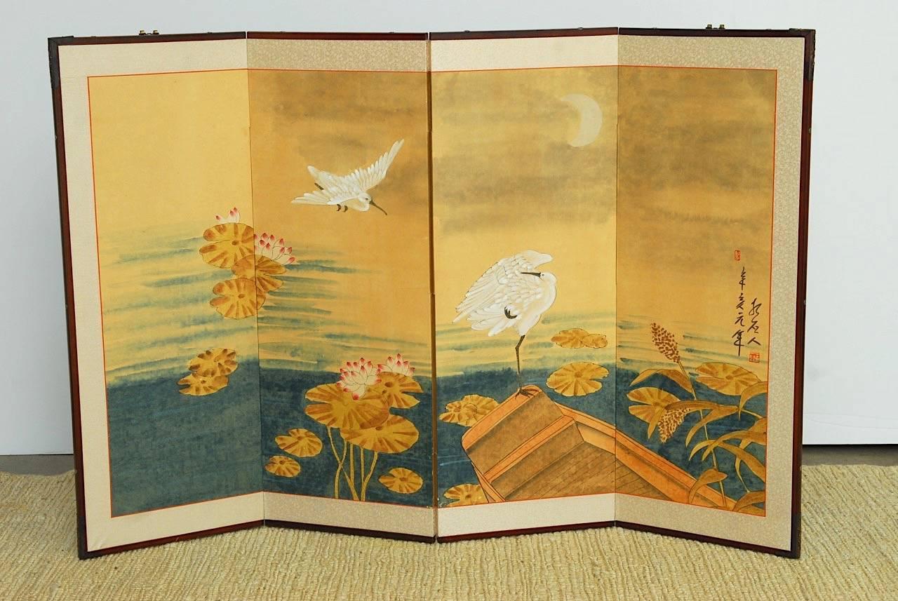 Japanese Four Panel Byobu Screen of White Egrets 8