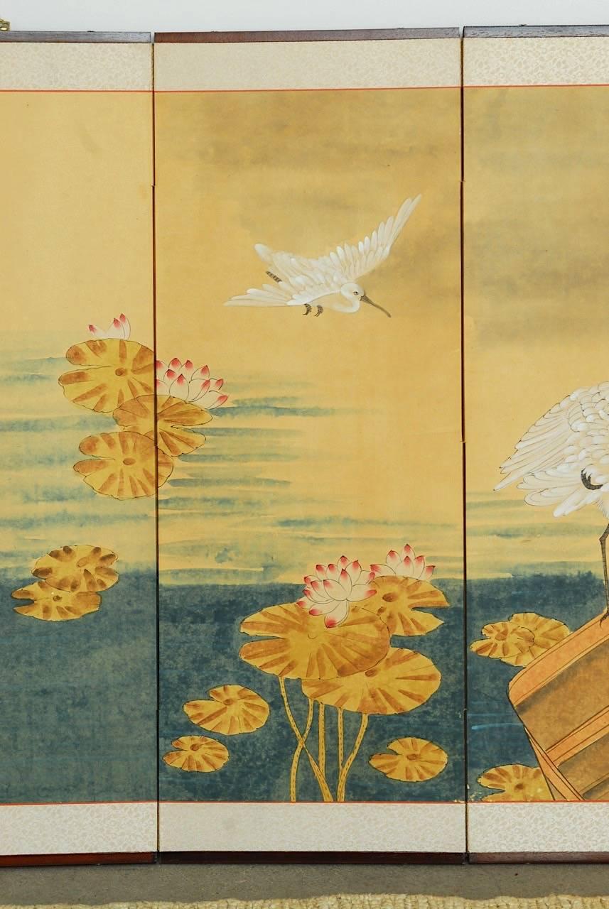 Modern Japanese Four Panel Byobu Screen of White Egrets