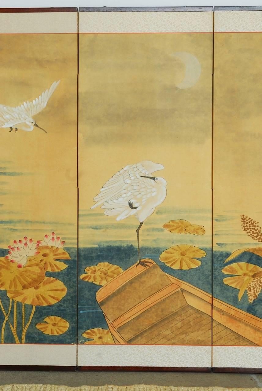 Hand-Painted Japanese Four Panel Byobu Screen of White Egrets
