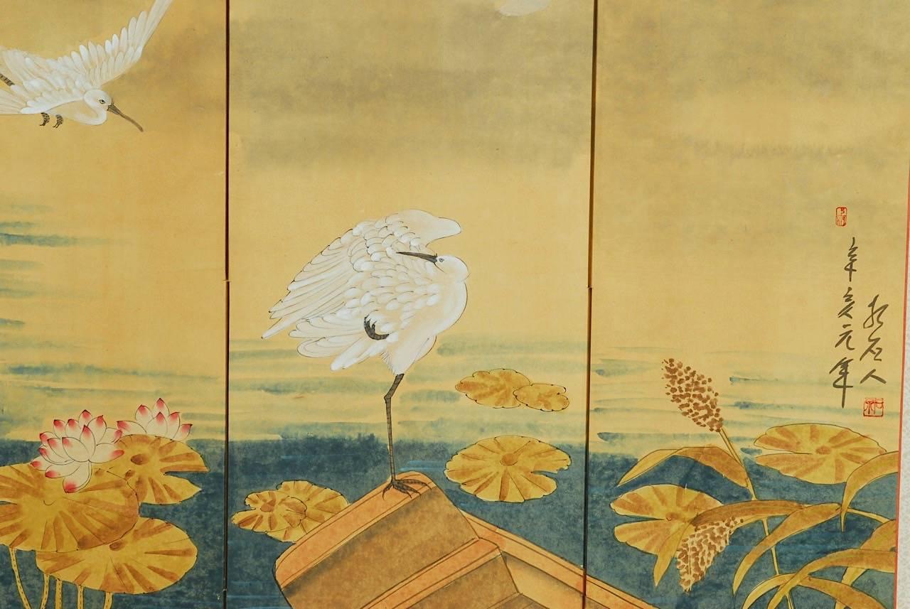 20th Century Japanese Four Panel Byobu Screen of White Egrets