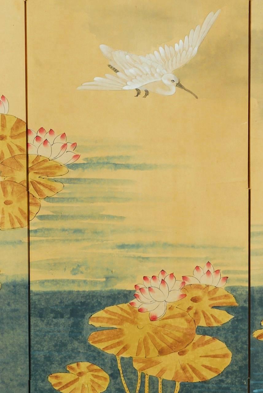 Brass Japanese Four Panel Byobu Screen of White Egrets