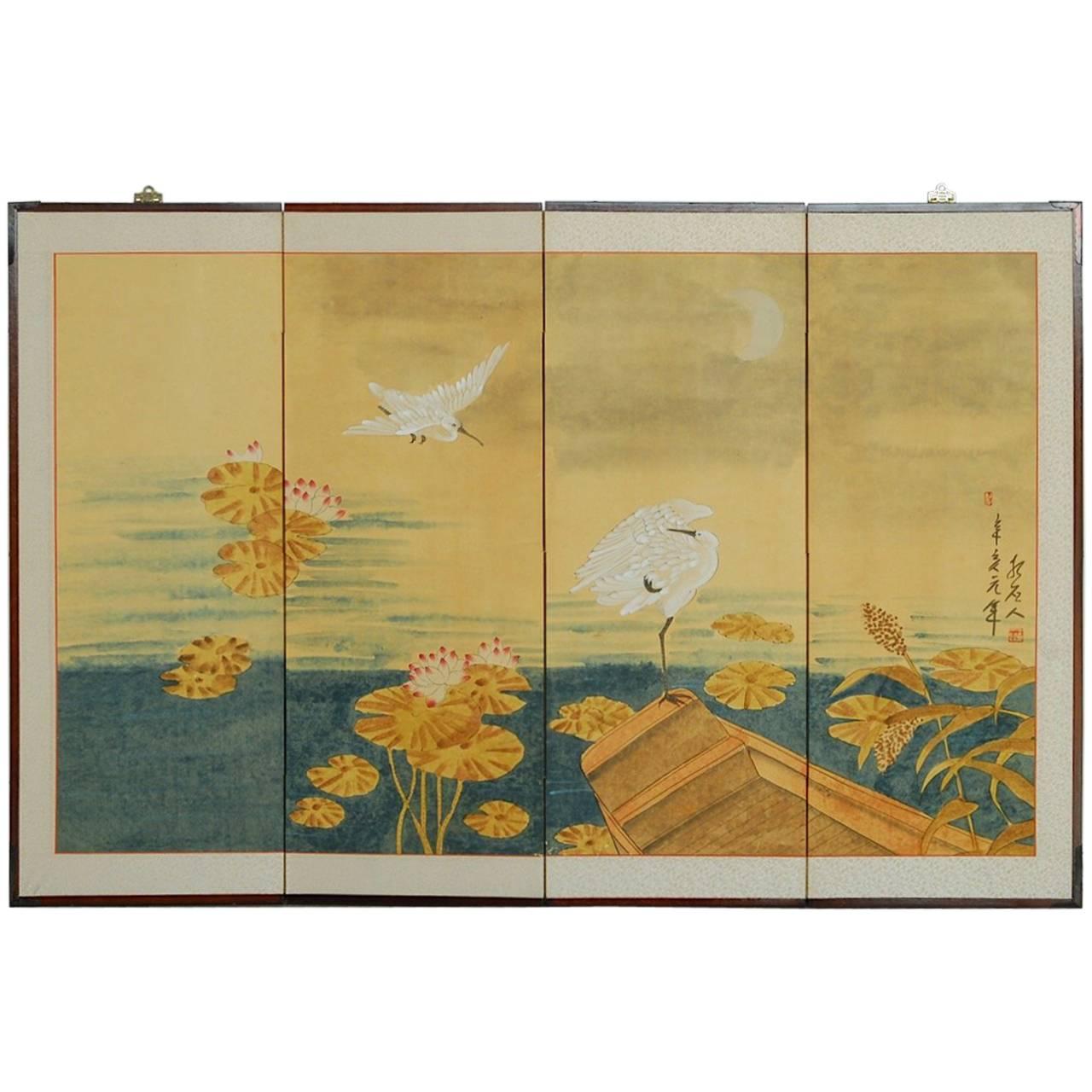 Japanese Four Panel Byobu Screen of White Egrets