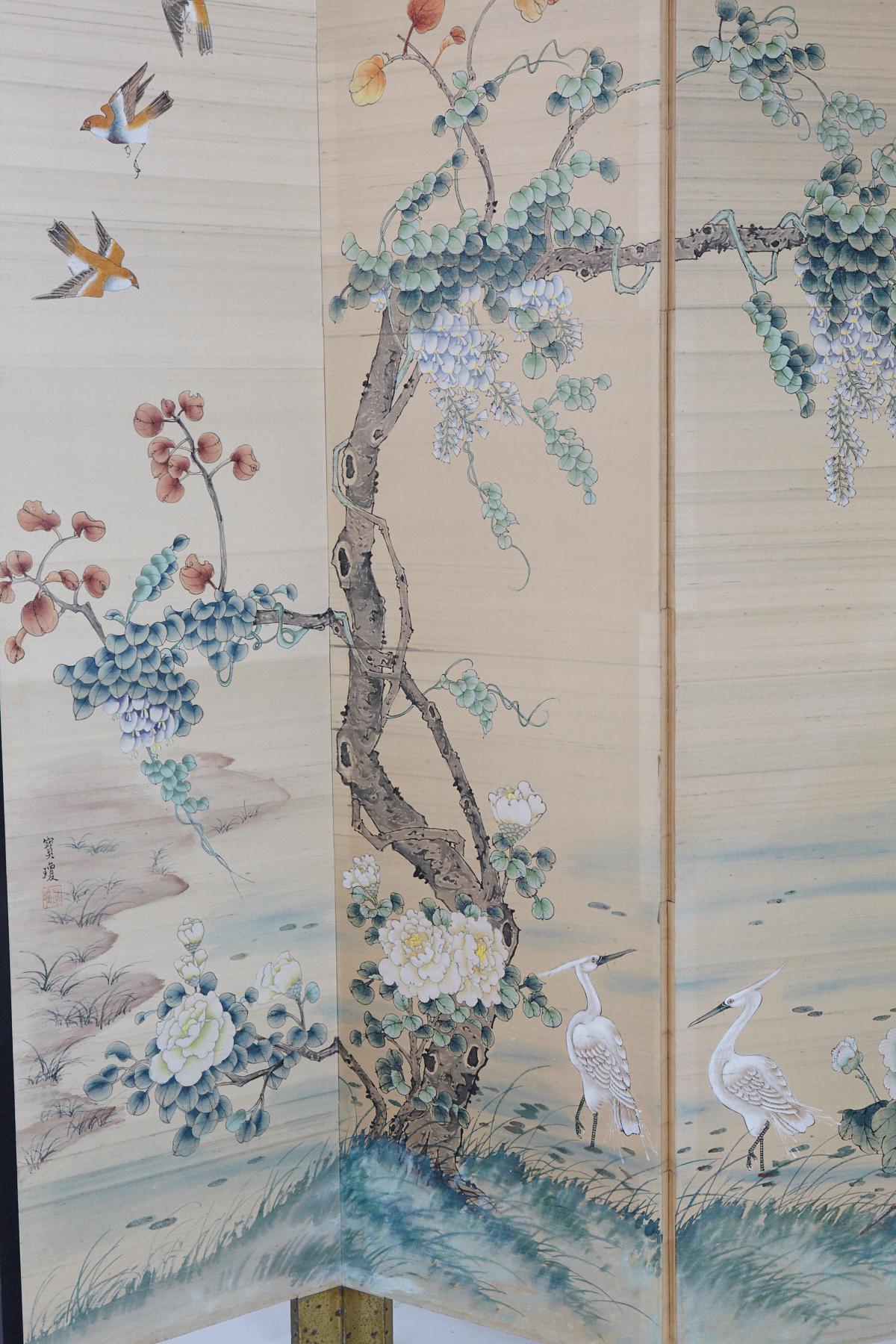 Japanese Four-Panel Floor Silk Screen, Landscape with Herons, circa 1930s 4