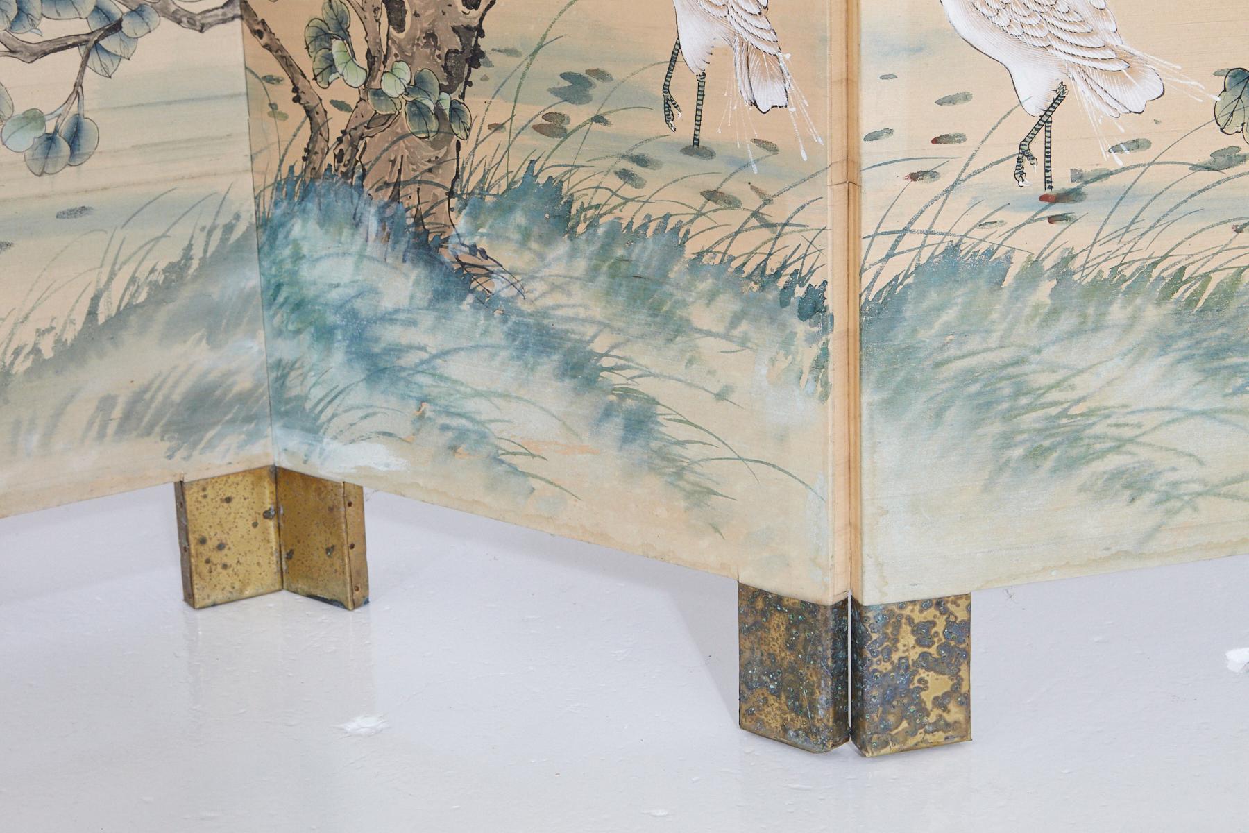 Mid-20th Century Japanese Four-Panel Floor Silk Screen, Landscape with Herons, circa 1930s