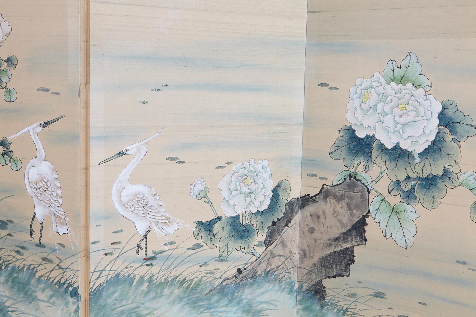 Japanese Four-Panel Floor Silk Screen, Landscape with Herons, circa 1930s 3