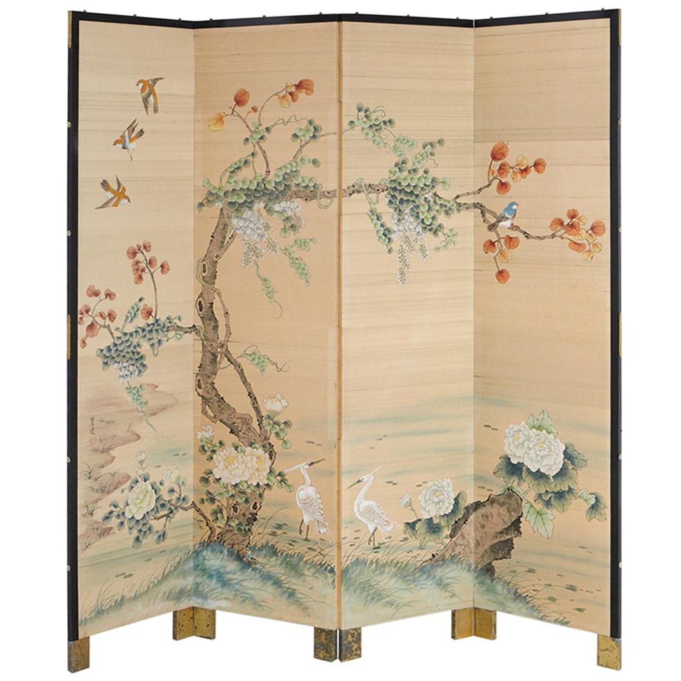 Japanese Four-Panel Floor Silk Screen, Landscape with Herons, circa 1930s