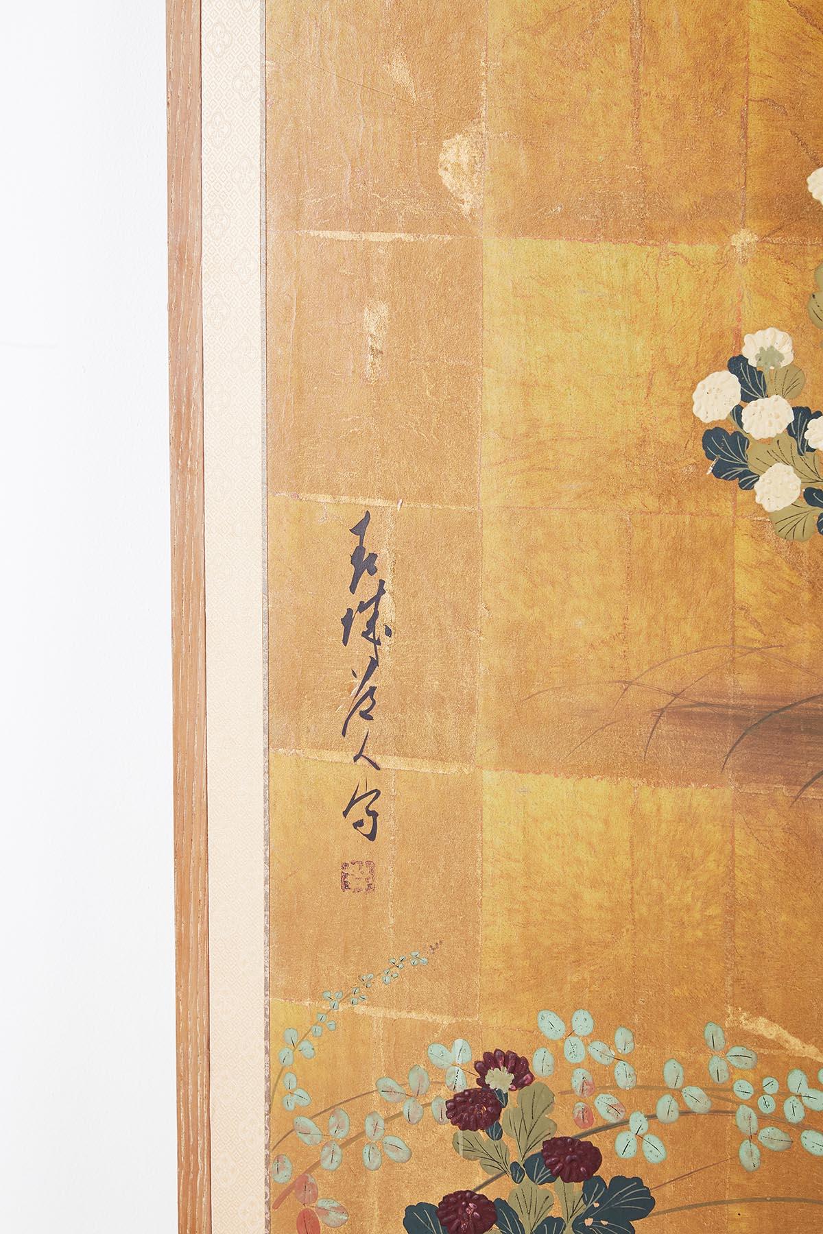 Japanese Four Panel Floral Gold Leaf Byobu Screen 2