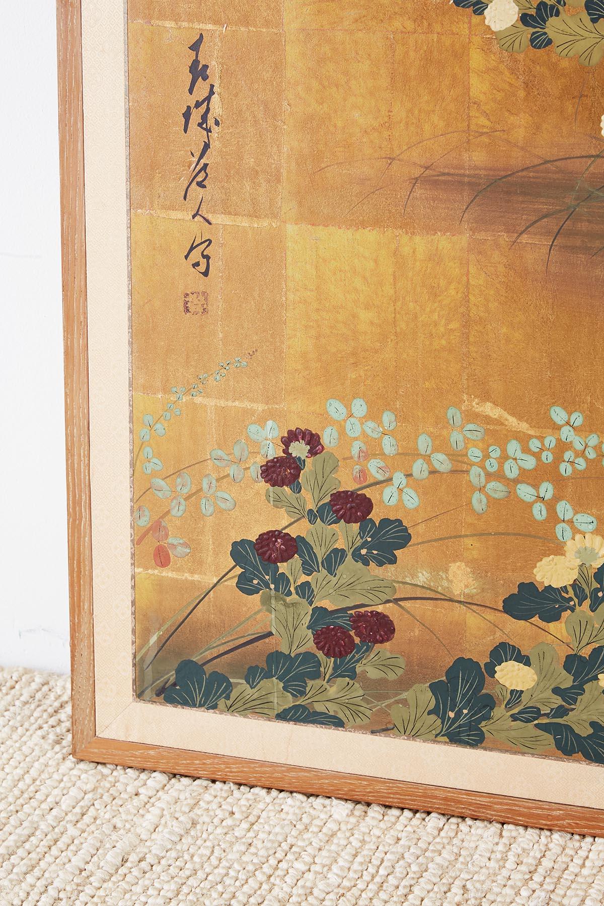 Japanese Four Panel Floral Gold Leaf Byobu Screen 3