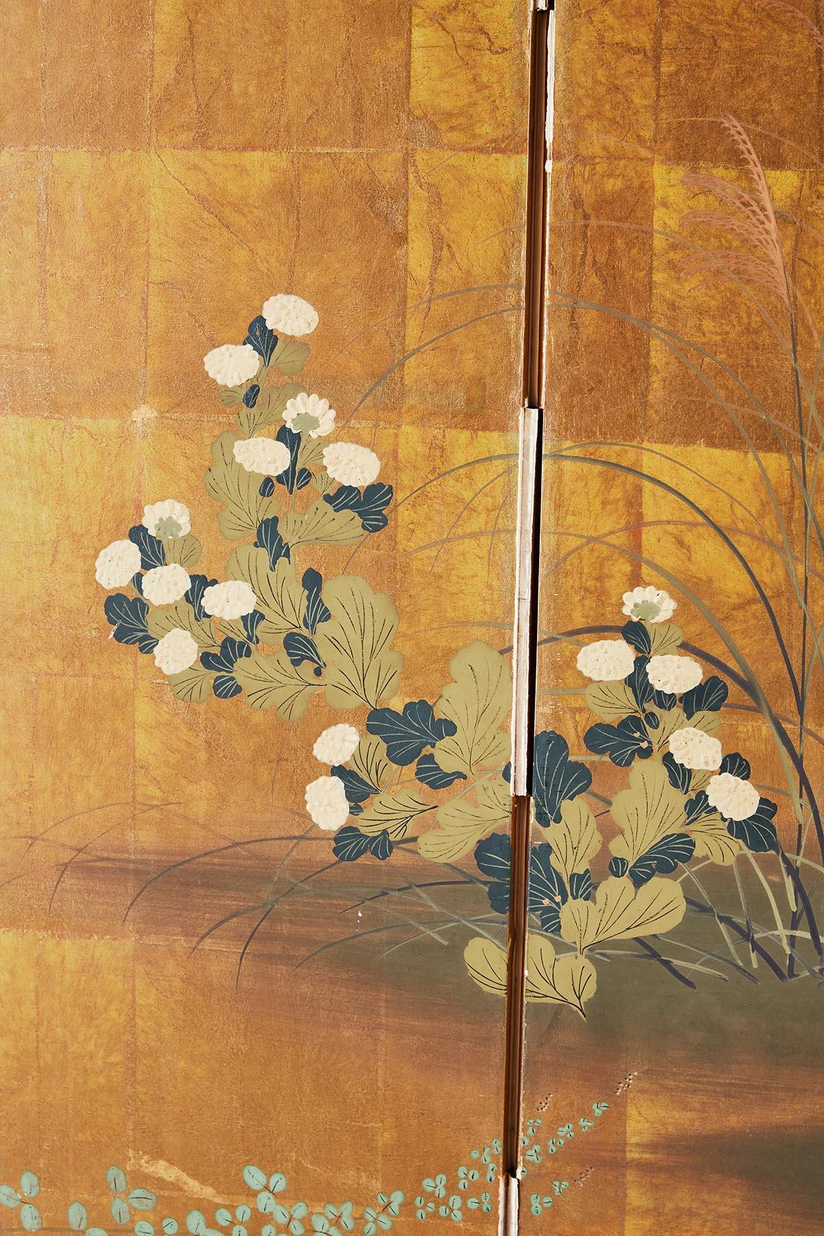 Japanese Four Panel Floral Gold Leaf Byobu Screen 4