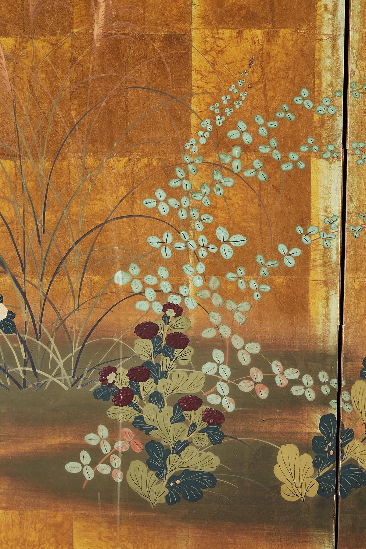 Japanese Four Panel Floral Gold Leaf Byobu Screen 5