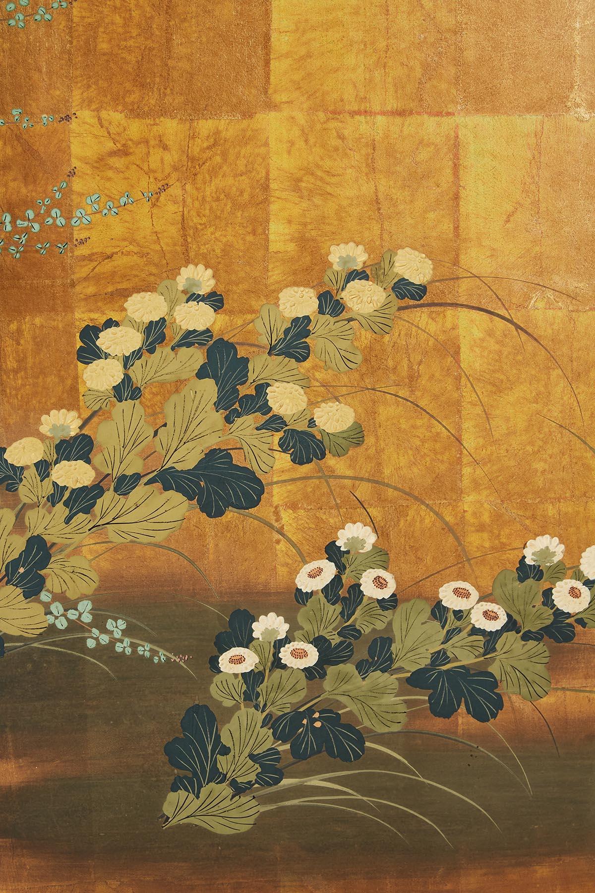 Japanese Four Panel Floral Gold Leaf Byobu Screen 6