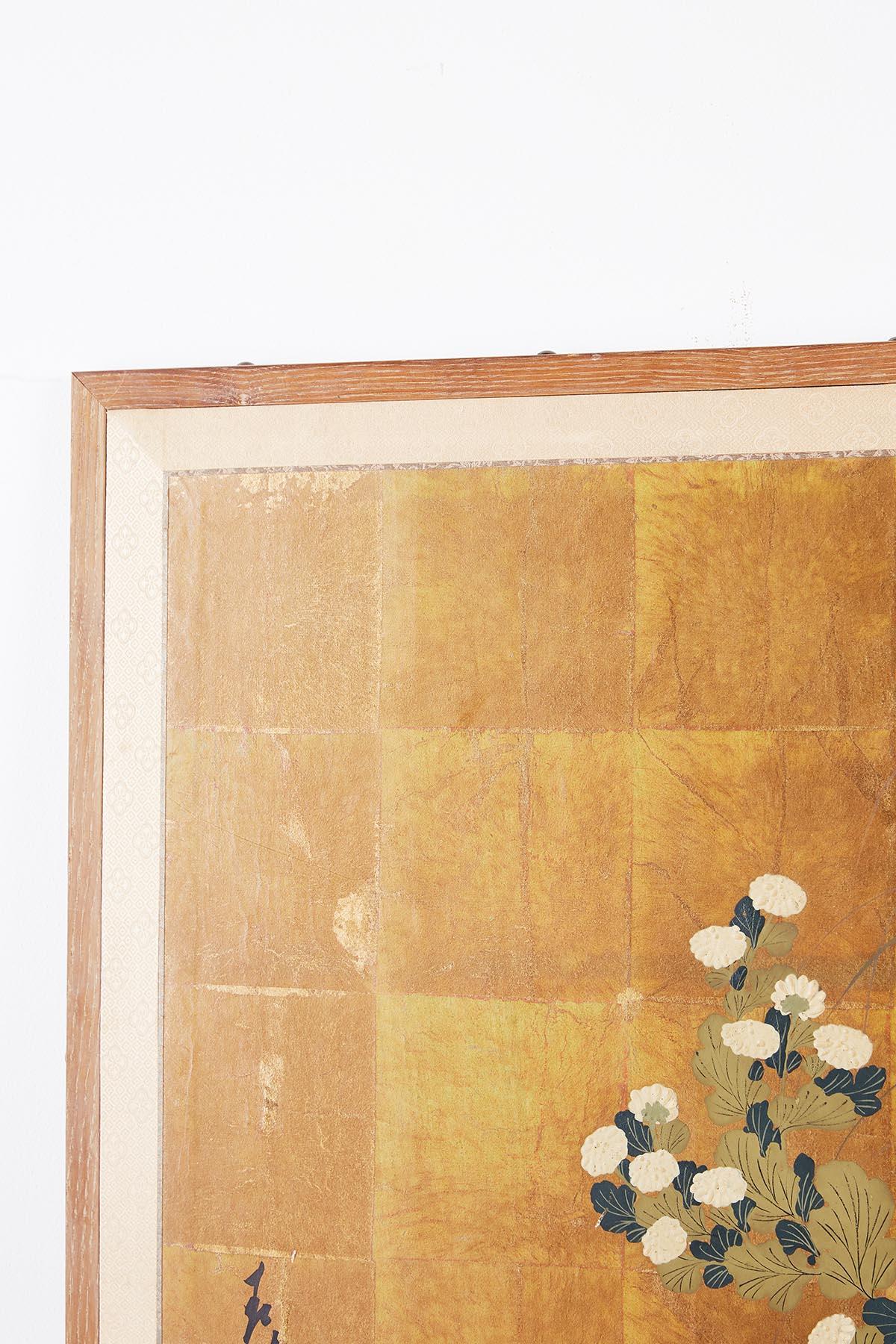 Japanese Four Panel Floral Gold Leaf Byobu Screen 8